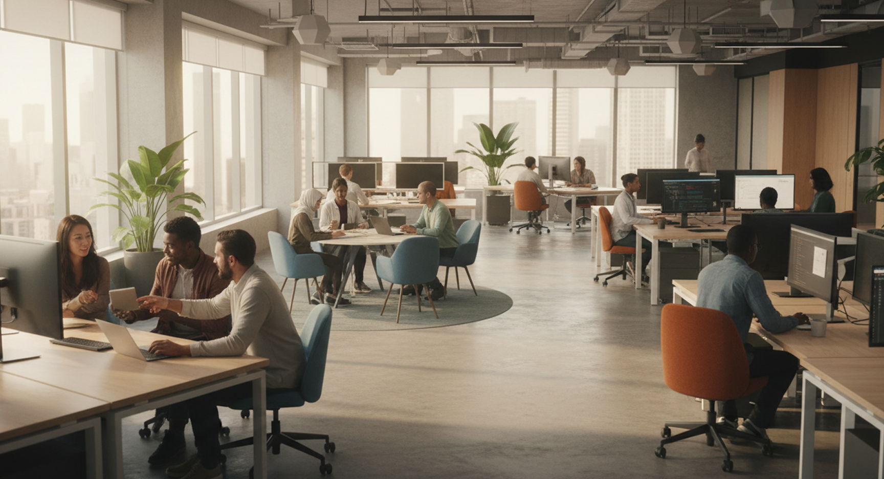 An open-plan office with people working at desks and talking around a shared table